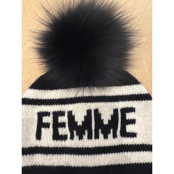 360 Etc.	FEMME Beige and Black Beanie with  Fur PomPom - Picture 4 of 9
